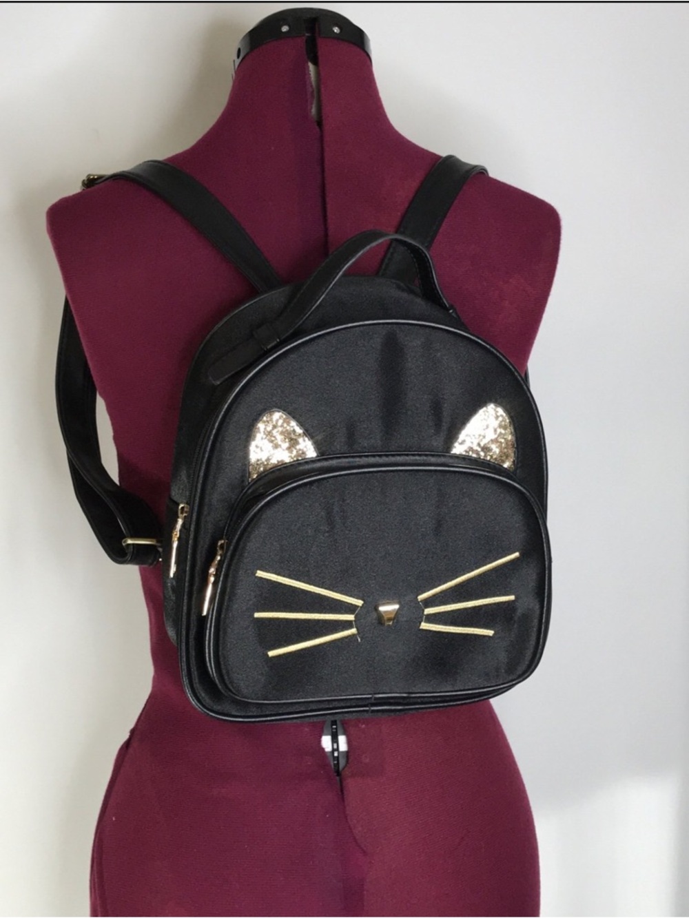 Black Cat Ear Mini Backpack with Gold Accents